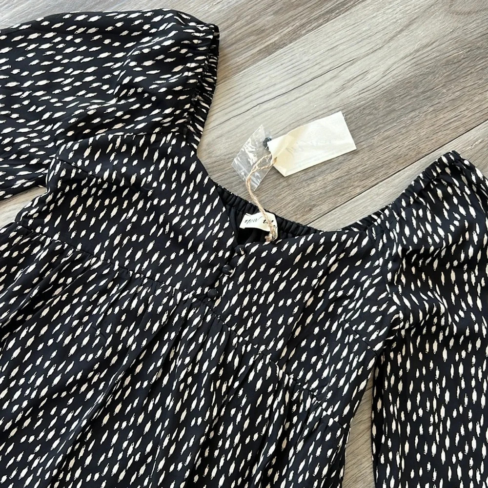 NWT New In Boho Long Sleeve Flowy Black & White A-Line Mini Dress Sz M - Picture 3 of 13